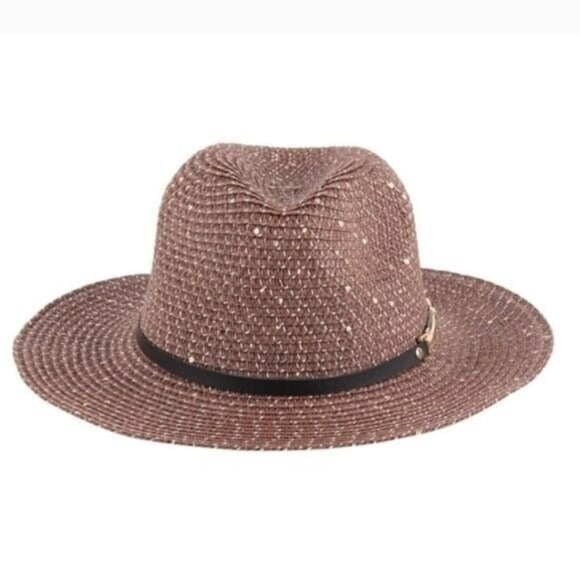 Wide Brim Brown Straw Fedora Hat W/ Black Band & Gold Accent-NEW - Picture 2 of 3